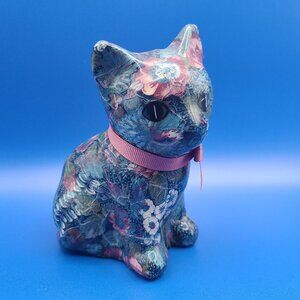 Vintage Floral Decoupage Ceramic Cat Figurine 6" High